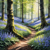 Sunlit Bluebell Glade in Forest Landscape Art Print