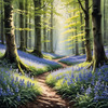 Sunlit Bluebell Glade in Forest Landscape Art Print