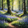 Sunlit Bluebell Glade in Forest Landscape Art Print