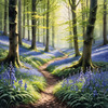 Sunlit Bluebell Glade in Forest Landscape Art Print