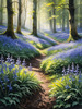 Sunlit Bluebell Glade in Forest Landscape Art Print