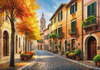 Sunlit Italian Village Landscape Art with Autumn Trees