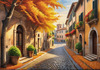 Sunlit Italian Village Landscape Art with Autumn Trees