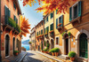 Sunlit Italian Village Landscape Art with Autumn Trees