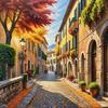 Sunlit Italian Village Landscape Art with Autumn Trees