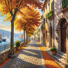 Sunlit Italian Village Landscape Art with Autumn Trees