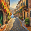 Sunlit Italian Village Landscape Art with Autumn Trees