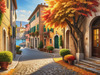 Sunlit Italian Village Landscape Art with Autumn Trees