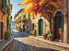 Sunlit Italian Village Landscape Art with Autumn Trees