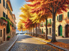 Sunlit Italian Village Landscape Art with Autumn Trees