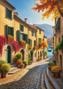 Sunlit Italian Village Landscape Art with Autumn Trees