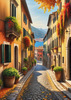 Sunlit Italian Village Landscape Art with Autumn Trees