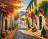 Sunlit Italian Village Landscape Art with Autumn Trees