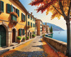 Sunlit Italian Village Landscape Art with Autumn Trees