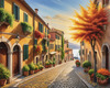 Sunlit Italian Village Landscape Art with Autumn Trees