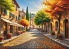 Sunlit Italian Village Landscape Art with Autumn Trees