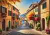 Sunlit Italian Village Landscape Art with Autumn Trees