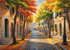 Sunlit Italian Village Landscape Art with Autumn Trees