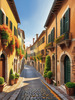 Sunlit Italian Village Landscape Art with Autumn Trees