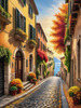 Sunlit Italian Village Landscape Art with Autumn Trees