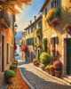 Sunlit Italian Village Landscape Art with Autumn Trees