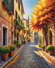 Sunlit Italian Village Landscape Art with Autumn Trees