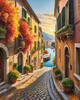 Sunlit Italian Village Landscape Art with Autumn Trees