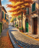 Sunlit Italian Village Landscape Art with Autumn Trees