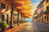 Sunlit Italian Village Landscape Art with Autumn Trees