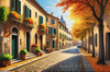 Sunlit Italian Village Landscape Art with Autumn Trees