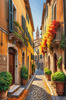 Sunlit Italian Village Landscape Art with Autumn Trees