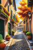 Sunlit Italian Village Landscape Art with Autumn Trees