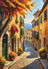 Sunlit Italian Village Landscape Art with Autumn Trees