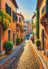 Sunlit Italian Village Landscape Art with Autumn Trees