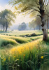 Snow-Covered Field with Dry Grasses and Sun Reflection Landscape Print