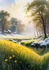 Snow-Covered Field with Dry Grasses and Sun Reflection Landscape Print