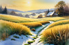 Snow-Covered Field with Dry Grasses and Sun Reflection Landscape Print
