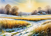Snow-Covered Field with Dry Grasses and Sun Reflection Landscape Print
