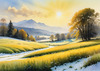 Snow-Covered Field with Dry Grasses and Sun Reflection Landscape Print