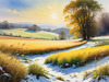 Snow-Covered Field with Dry Grasses and Sun Reflection Landscape Print