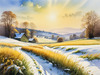 Snow-Covered Field with Dry Grasses and Sun Reflection Landscape Print