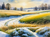 Snow-Covered Field with Dry Grasses and Sun Reflection Landscape Print