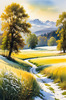 Snow-Covered Field with Dry Grasses and Sun Reflection Landscape Print