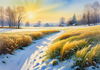 Snow-Covered Field with Dry Grasses and Sun Reflection Landscape Print