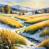 Snow-Covered Field with Dry Grasses and Sun Reflection Landscape Print