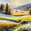Snow-Covered Field with Dry Grasses and Sun Reflection Landscape Print