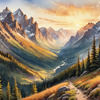 Printable Art of Realistic Mountain Landscape at Sunset