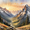 Printable Art of Realistic Mountain Landscape at Sunset