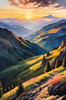 Printable Sunset Silhouette of Mountain Ridges Realistic Landscape Art