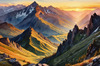 Printable Sunset Silhouette of Mountain Ridges Realistic Landscape Art